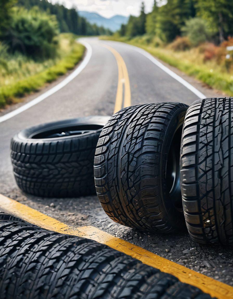 A close-up image of a diverse selection of car tires on a glossy surface, showcasing different tread patterns, textures, and designs. The background features a blurred road winding through a beautiful landscape, symbolizing adventure and choice. Include elements like a steering wheel in the foreground and a checklist next to the tires, emphasizing decision-making. super-realistic. vibrant colors. white background.