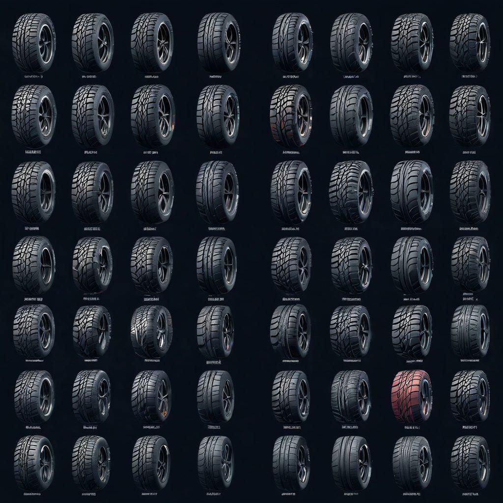 A visually striking image of a diverse array of tires featuring various tread patterns and sizes, placed on a circular graph representing rankings and recommendations. Include an infographic-style overlay showcasing factors like weather conditions, terrain types, and driving styles to emphasize the comprehensive approach to tire selection. The background should be clean and professional, with a soft gradient to enhance readability. vibrant colors. vector art.