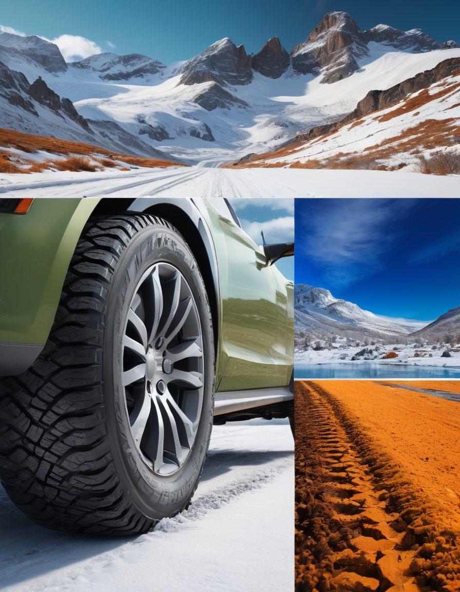 A dynamic split image featuring a snowy landscape on one side with winter tires and a rugged mountain terrain on the other side with off-road tires. Include detailed close-ups of tire treads, showcasing their unique designs for various seasons. The background should have a seamless transition from icy blues to earthy browns and greens, symbolizing seasonal changes. Make it visually engaging to illustrate adaptability and performance in diverse conditions. super-realistic. vibrant colors. 3D.